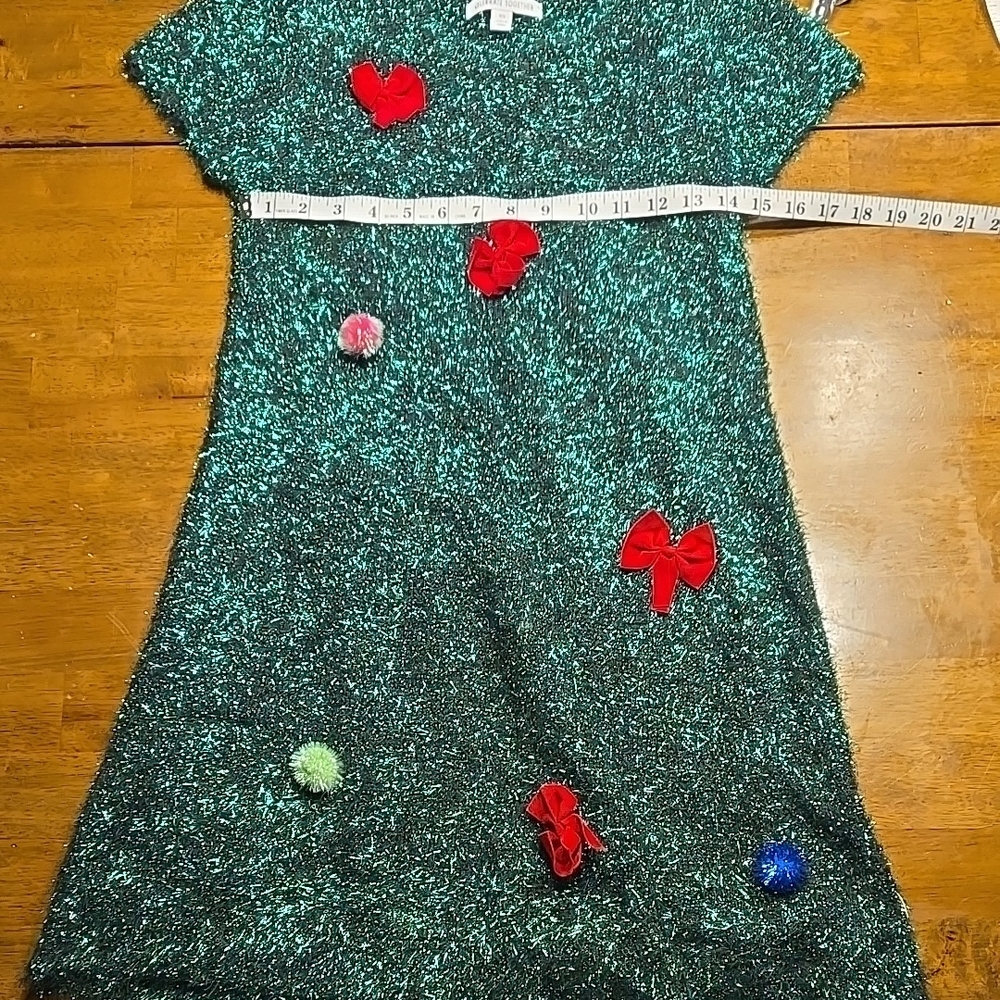Sparkling Green Kids Dress with Red Bow Accents